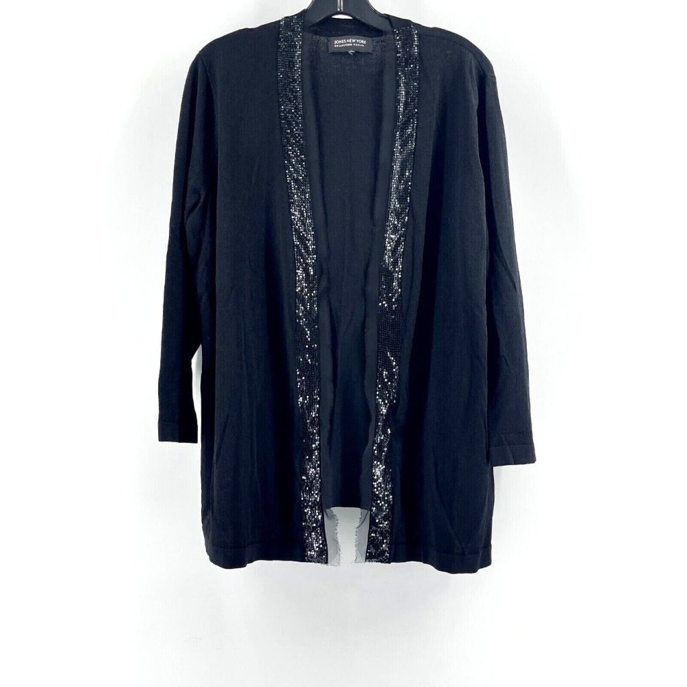 Jones New York Women's Black Knit Open Cardigan Sweater Tunic Metal Trim Size L